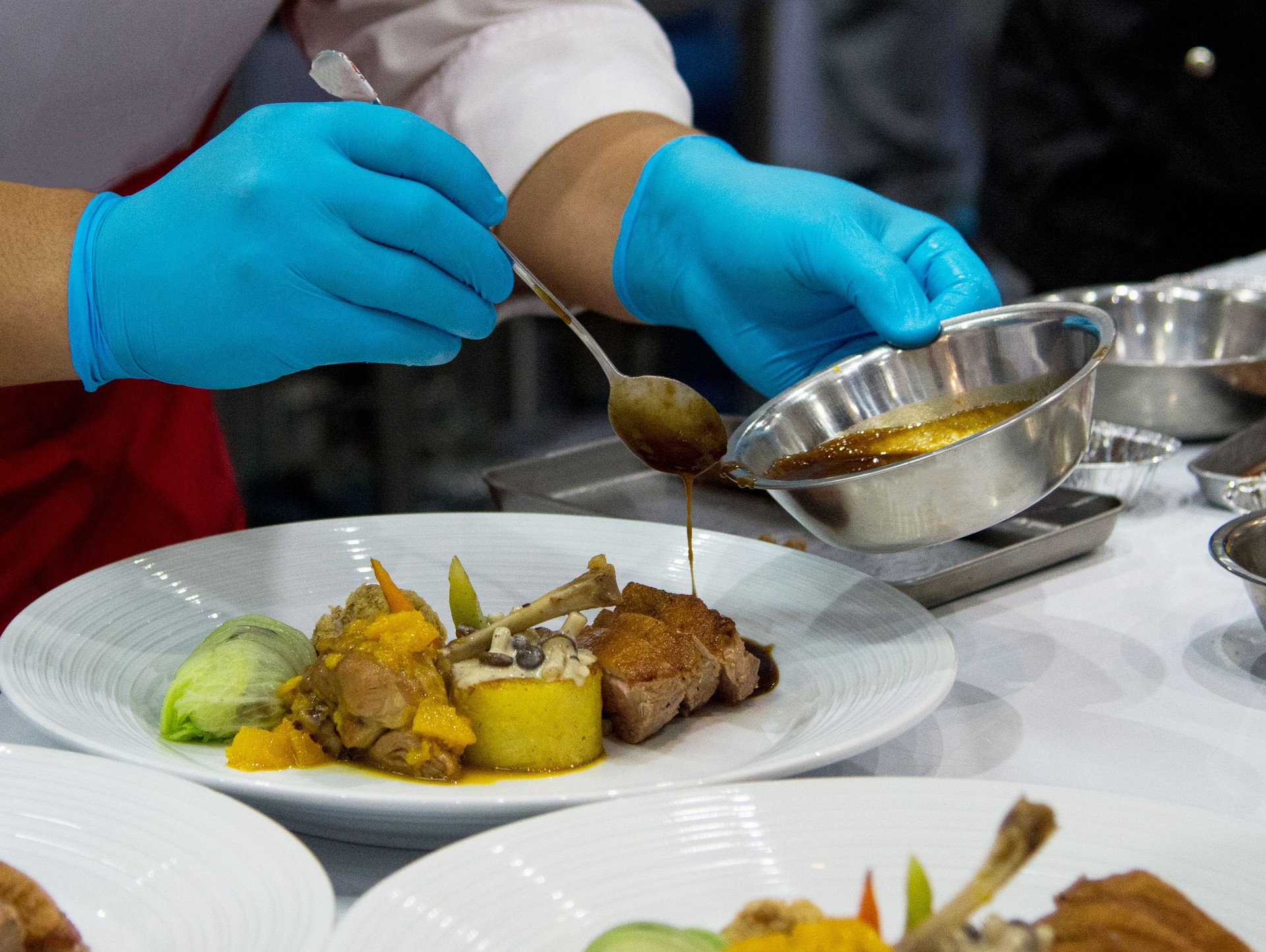 Chef preparing food, meal, in the kitchen, chef cooking, Chef decorating dish, closeup, 
chef at work